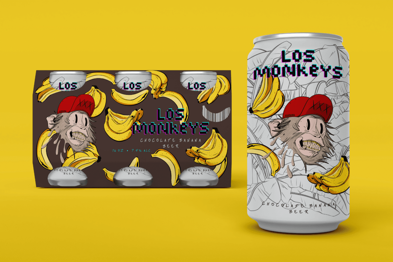 Beer can and a six pack with an design based on monkeys and banana for a conceptual Beer of chocolate and banana.