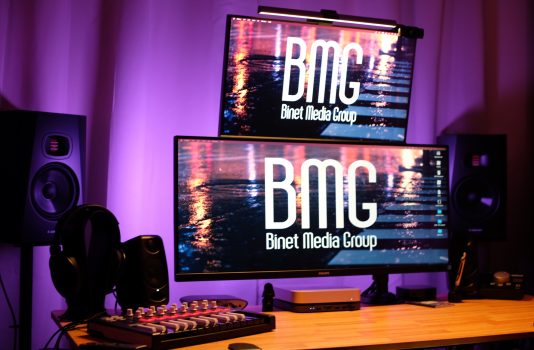 Media studio with purple lighting